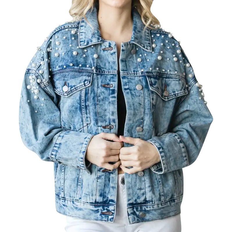 Women's Pearl & Rhinestone Denim Jacket (Clearace)